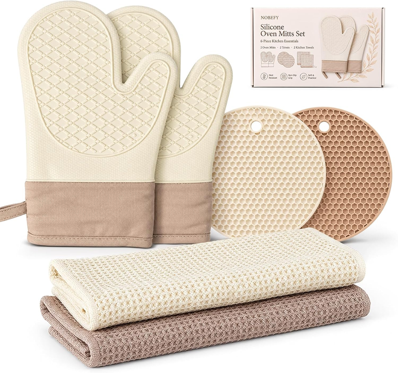 Silicone Oven Mitts and Pot Holders Sets, 6 PCS Kitchen Essentials