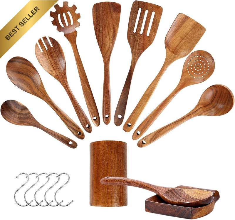 Wooden Spoons for Cooking, 11 Pcs Wooden Cooking Utensils Set - with Holder & Sp