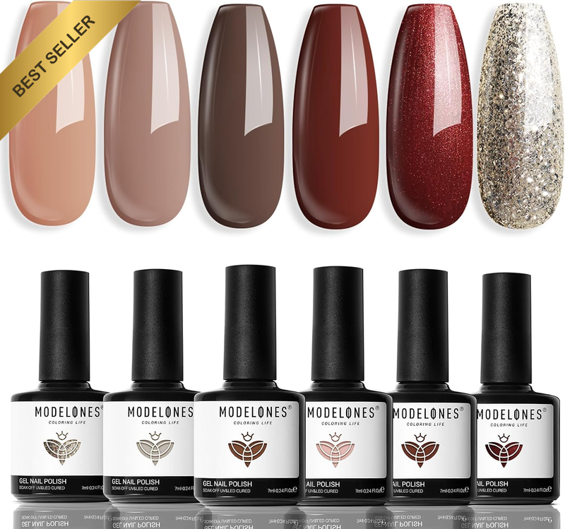 Gel Nail Polish Set, 6 Colors Fall Winter Nude Brown Gel Polish Kit Glitter Cham