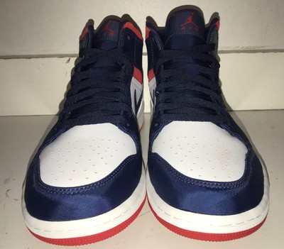 

Jordan 1 Mid White/Varsity Red-Midnight Navy (852542 104) — 9,5 — 9,5, Синий, Air Jordan 1