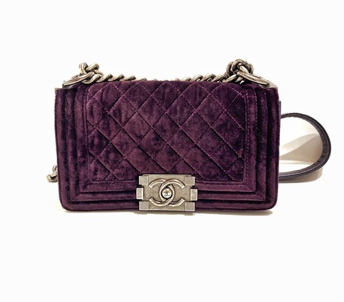 CHANEL Le Boy Small Purple Velvet Pewter HW Ltd Edition CC Logo Chain Strap  Bag