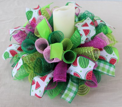 Summer Watermelon Mesh Centerpiece, 17  Tabletop Décor, Green Pink Small Wreath