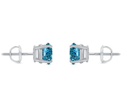 Pre-owned Shine Brite With A Diamond 1.75 Ct Round Cut Blue Earrings Studs Solid 18k White Gold Screw Back Basket