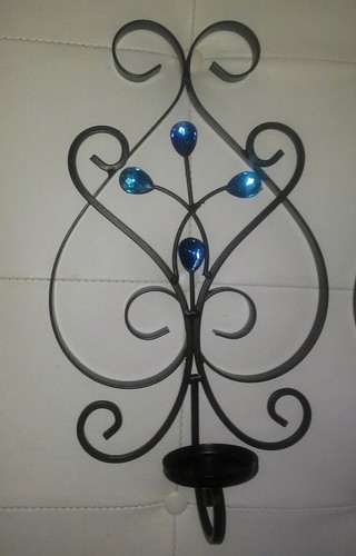 Spanish Black Wrought Iron Sconces-Candle Holders WALL CANDELABRAS BLUE JEWELS