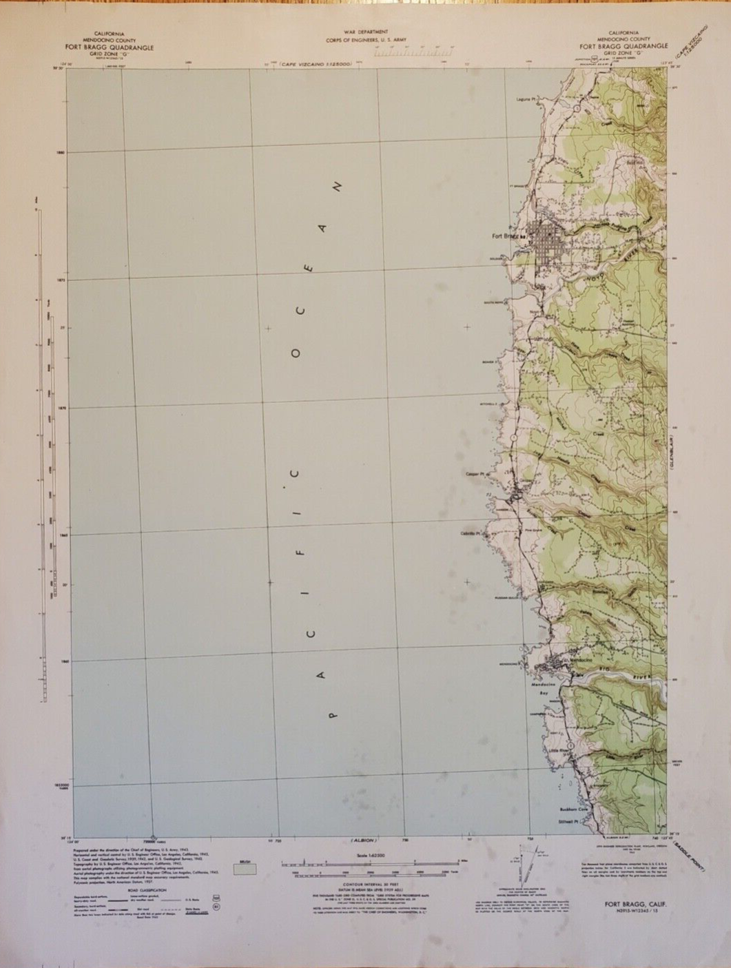 1943 VTG Topo Map WAR DEPT Fort Bragg Quadrangle, CA Grid