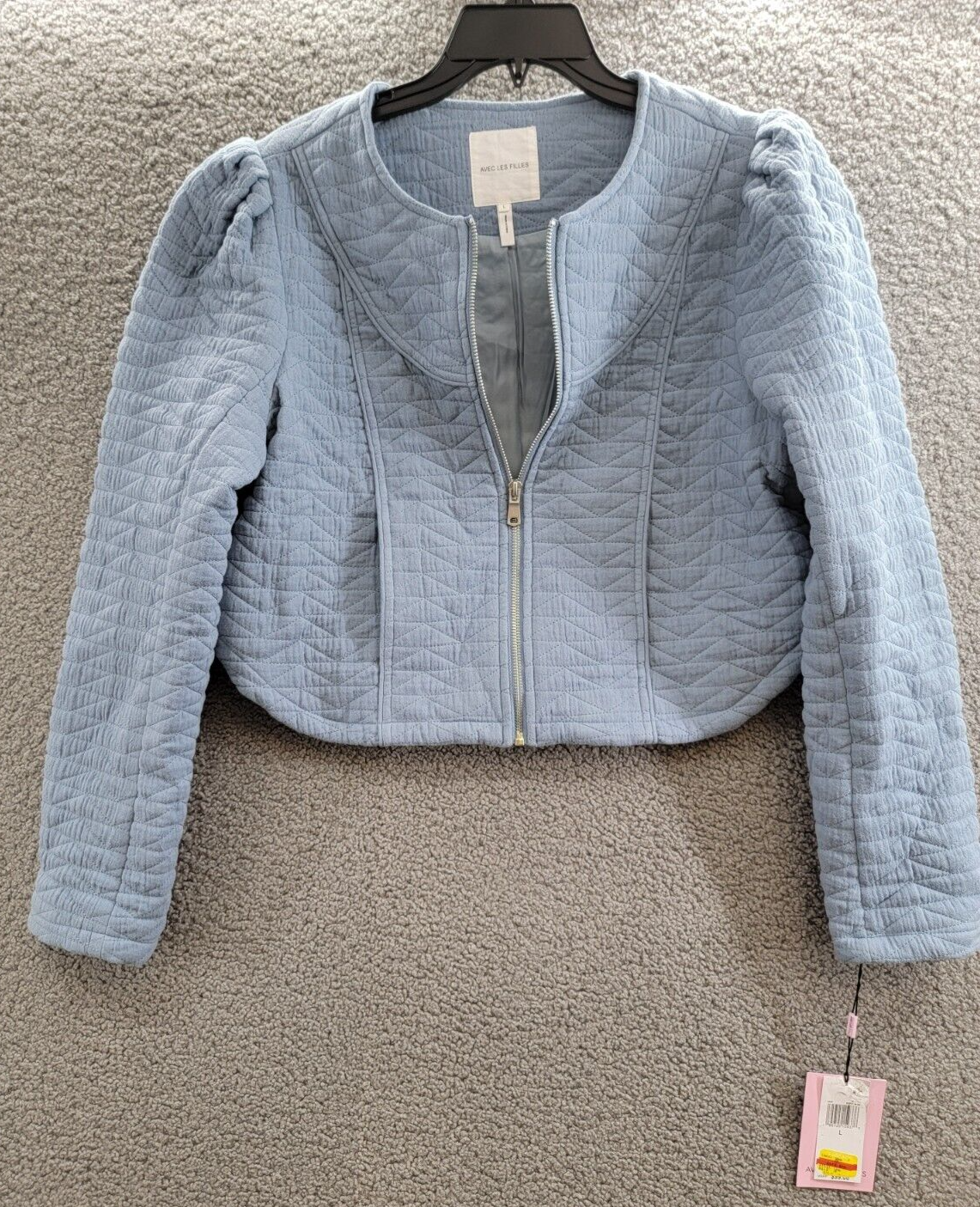 Avec Les Filles Quilted Puff-Shoulder Zip-Front Jacket Women's L Dusty Blue L/S - Picture 2 of 15
