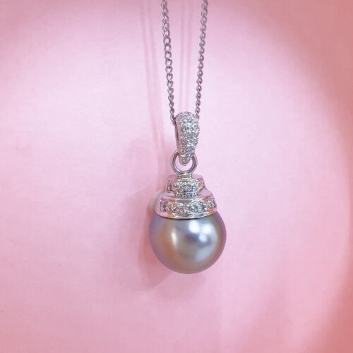 Solid 14k White Gold Genuine Tahitian Pearl (10.6mm) & Diamond Pendant, New - Picture 4 of 12