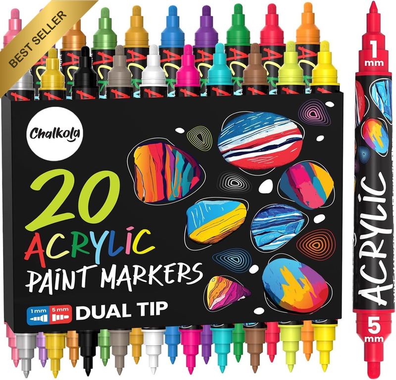 20 Dual Tip Acrylic Paint Markers - Acrylic Markers Kit for Rock Painting, Canva
