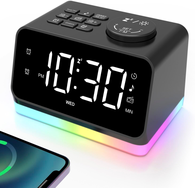 Small Digital Alarm Clock Radio w/8 Colors Time Display Slee