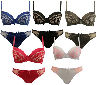 Ex-Store Satin & Mesh Embroidered Padded Bra & Thong Set