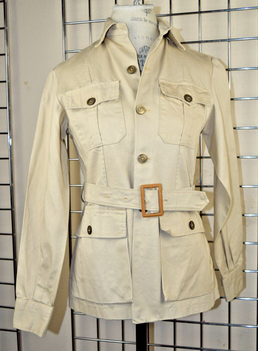Military Style Jacket VTG 60s Beige Collared Belted Button Military Style Jacket VTG 60s Beige Collared Belted Button