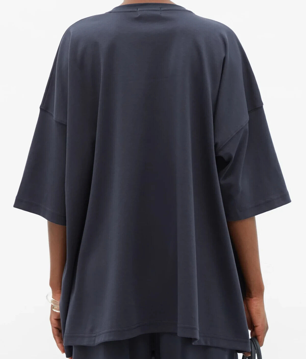 Pre-owned Eskandar Dark Navy V-neck Mid Weight Pima Cotton 30" Long Top W/pocket O/s In Blue