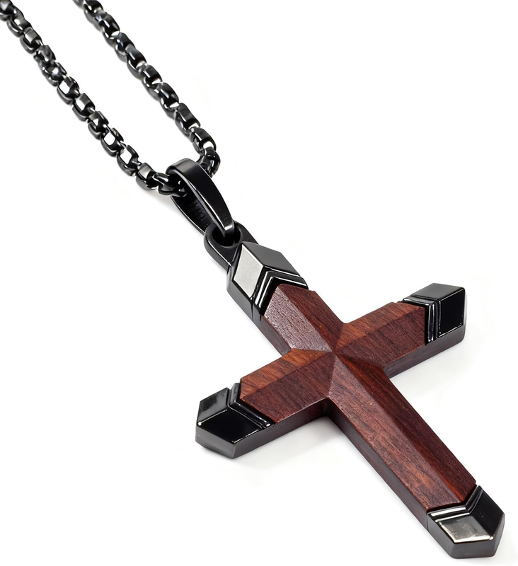 Stainless Steel Wooden Cross Necklace for Men - Christian Crucifix Pendant with