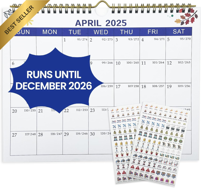 2026-2027 Wall Calendar, 22-Month Planner with Julian Dates & Stickers