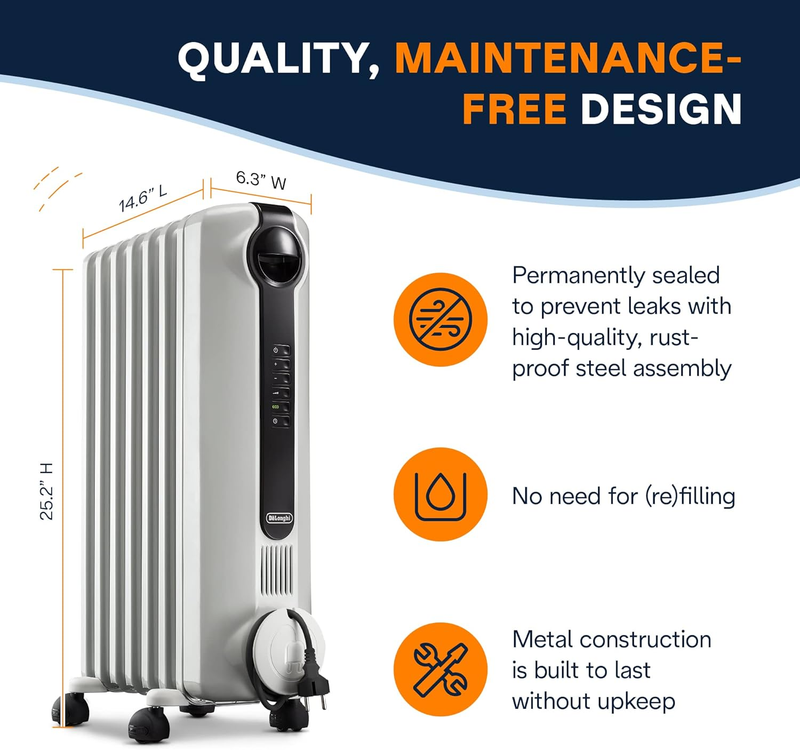 Oil-Filled Radiator Space Heater, Full Room Quiet 1500W, Adjustable Thermostat,