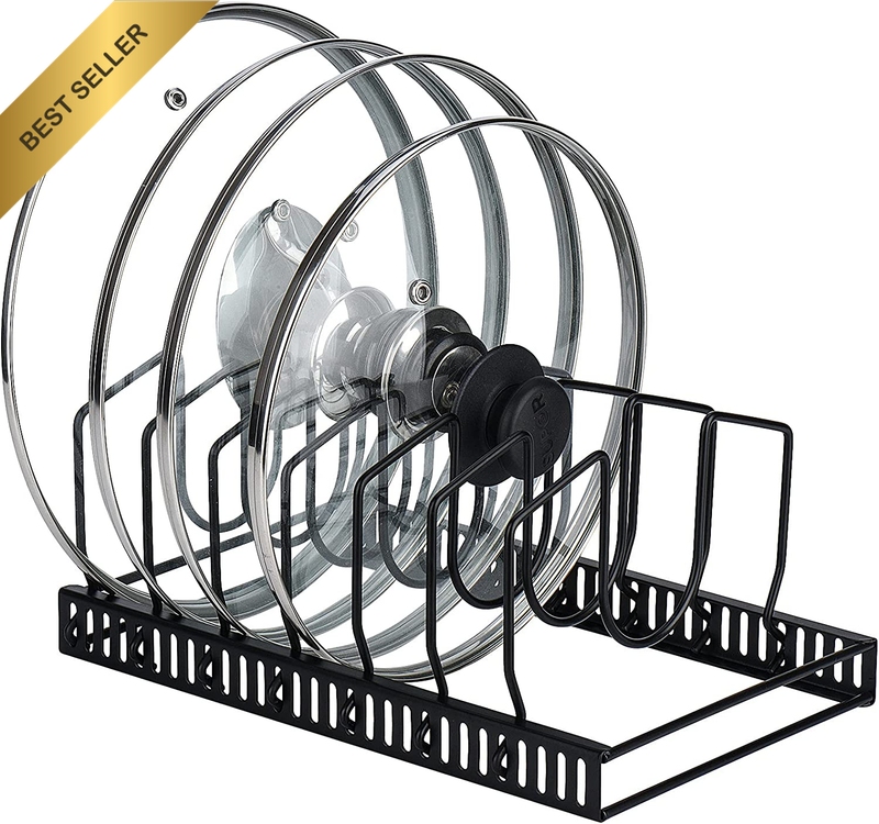 Black Adjustable Kitchen Lid Organizer, 7 Dividers, Heavy-Duty Metal, 13.3 X 3 X