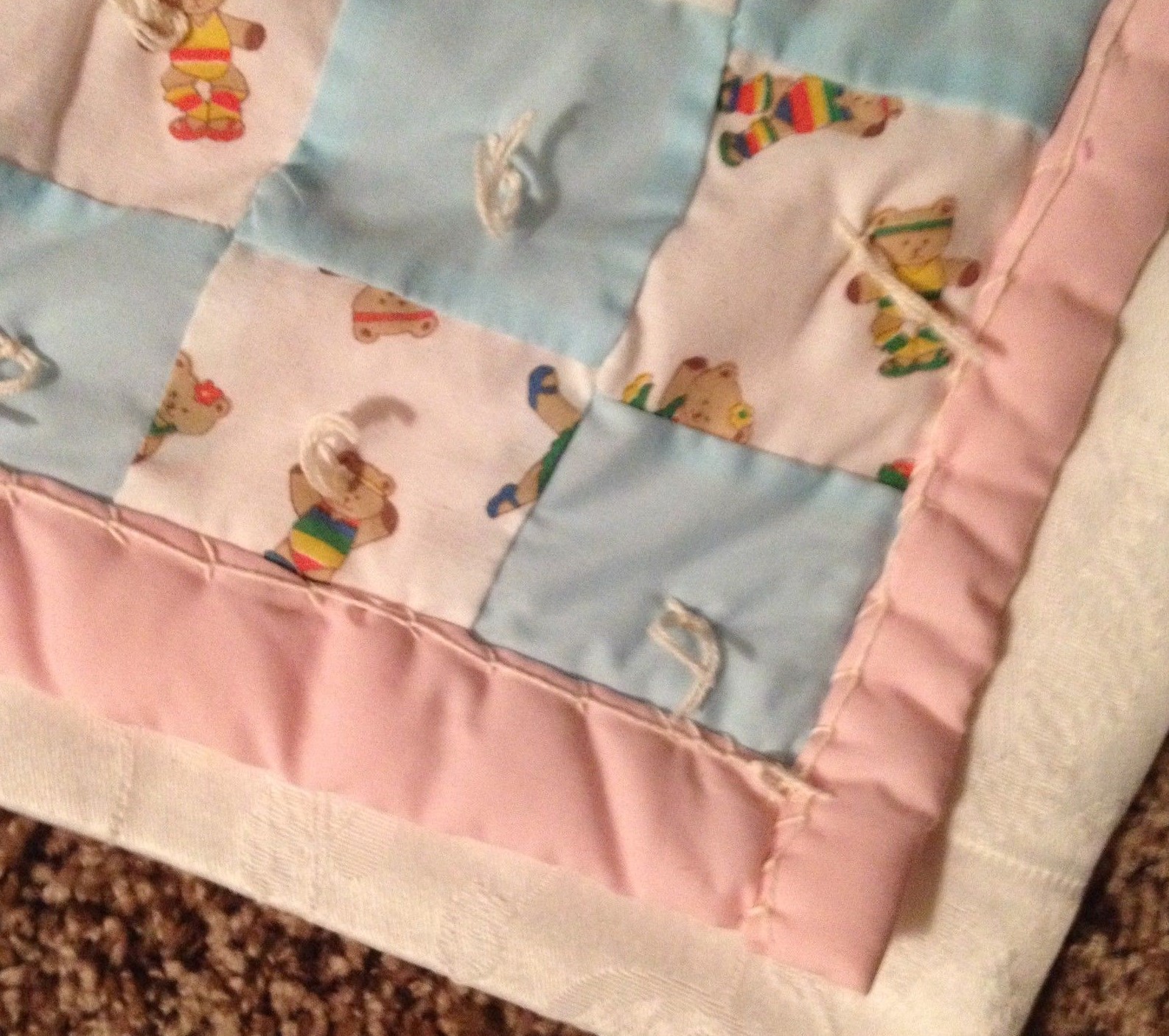 NEW Handmade Baby Quilt, Baby Bears Pastel Pink/Blue/White 33