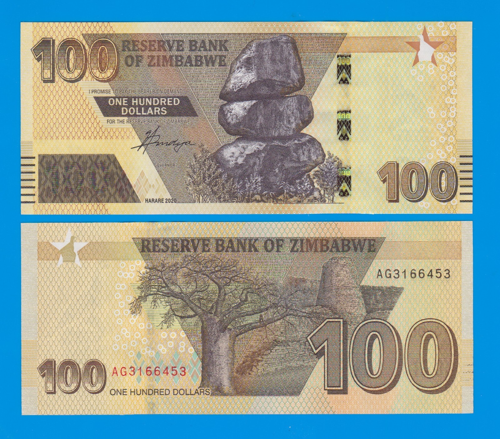 ★ジンバブエ 100 (2020)　x100 - 7601 Zimbabwe, 100 dollars, 2020 (2022), P-New, Completely Redesigned