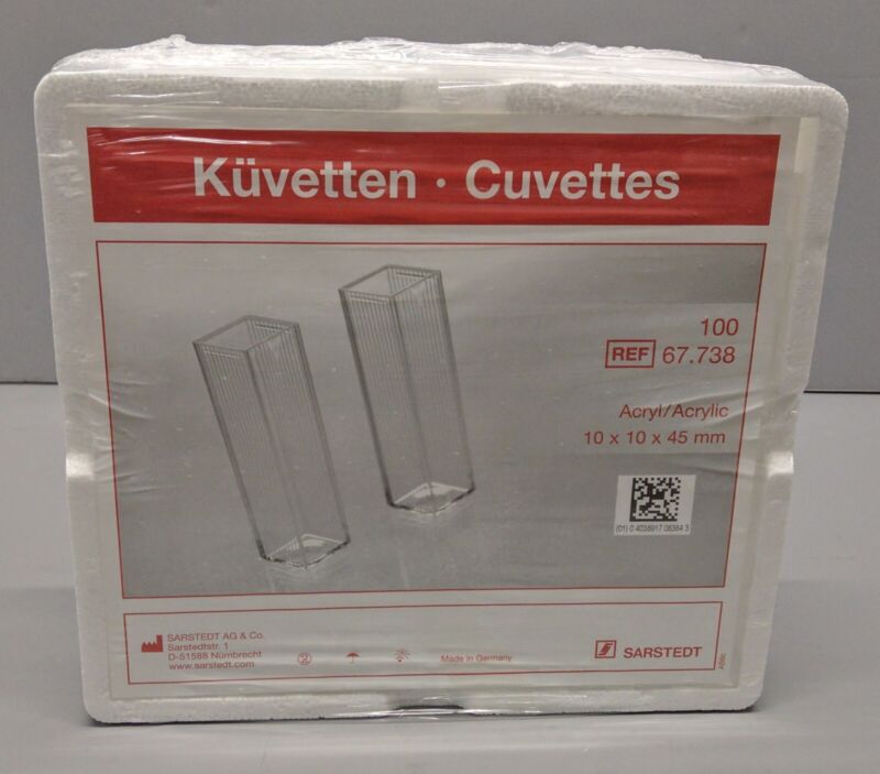 New sealed Sarstedt 67.738 acrylic cuvettes 12x12x45mm 100/pk MANY AVAIL.