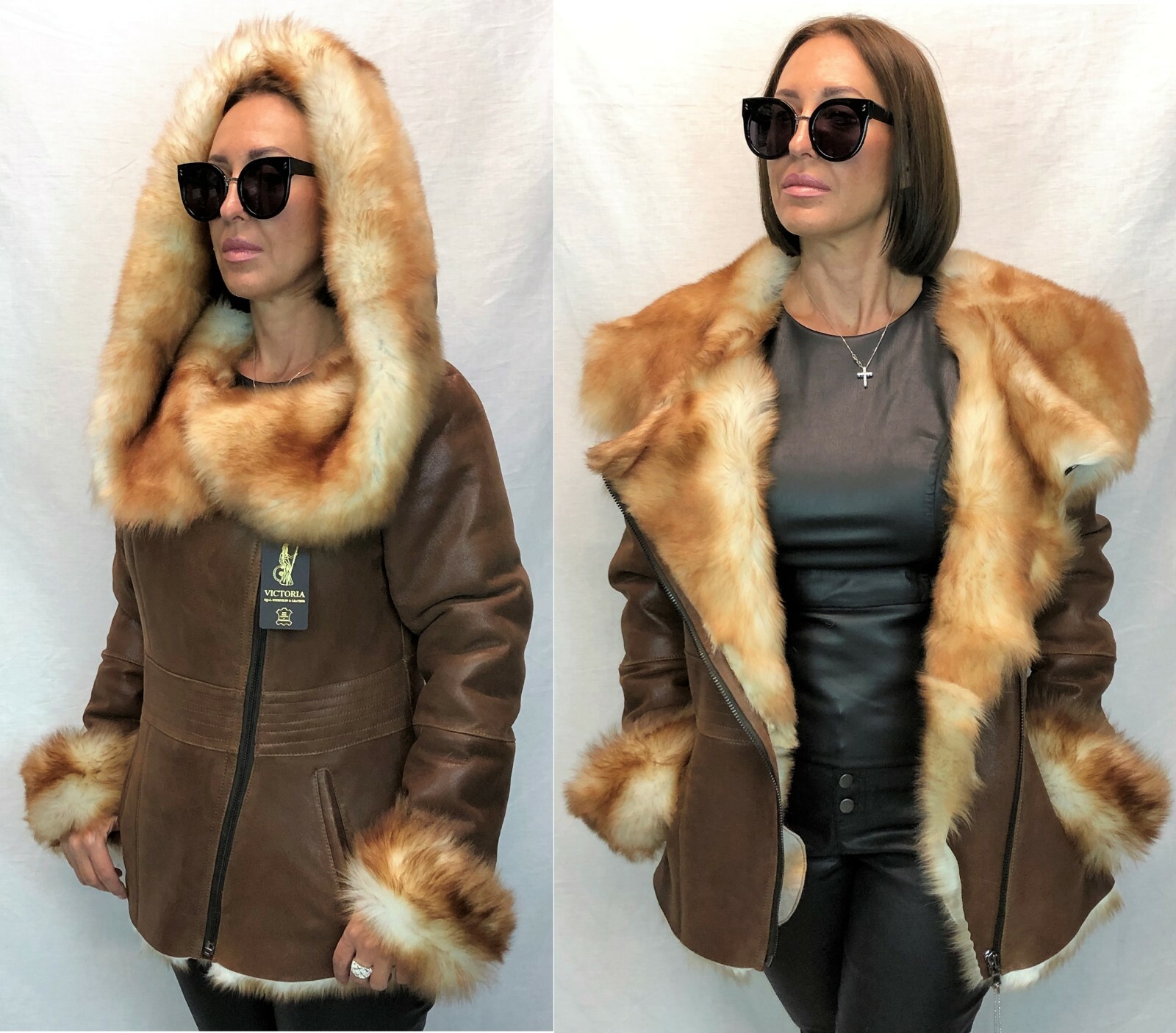 Pre-owned Victoria Real 100% Sheepskin Shearling Leather Toscana Long Hair Jacket Coat Hood Xs-7xl In Brown