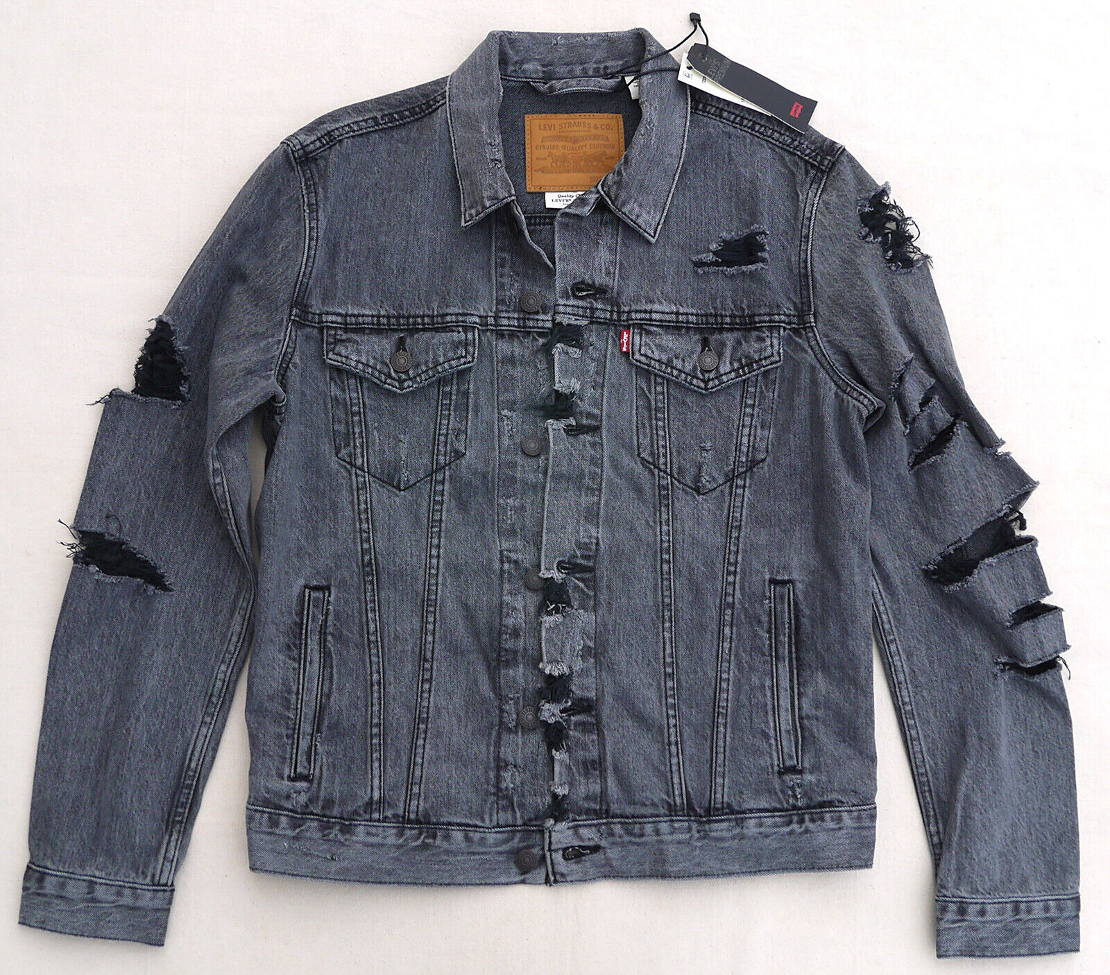 LEVIS Premium Big E Ripped Distressed Trucker Jean Jacket LEVIS Premium Big E Ripped Distressed Trucker Jean Jacket
