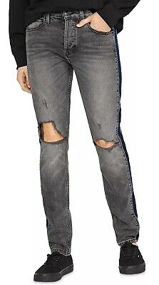 NWT Men's Hudson Axel Skinny Destroyed Charcoal Fade Denim Side Tape Jeans Sz 33