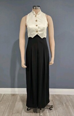 Vintage JS COLLECTION Ivory Black Sleeveless Tuxedo Style Pants Jumpsuit 2/4
