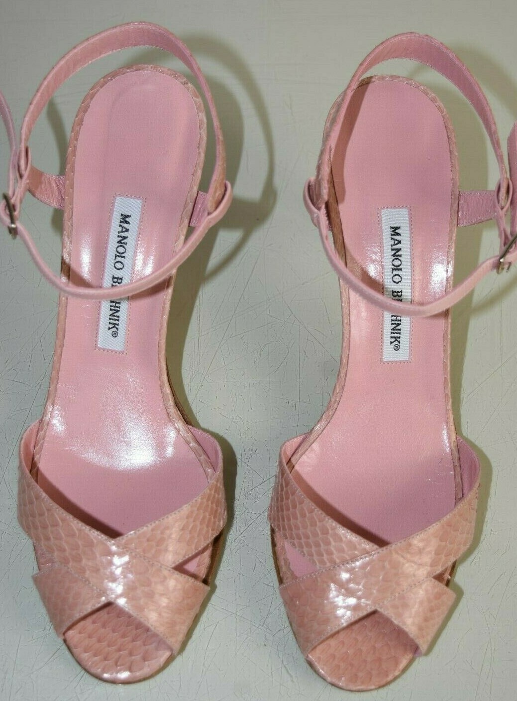 Pre-owned Manolo Blahnik $1345  Elmyrina Sandals Exotic Snake Pink Python Heel Shoes 40