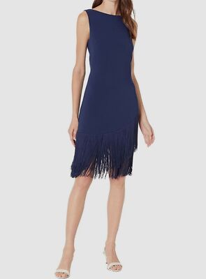 $368 Trina Turk Women's Blue Alena Fringe-Hem Stretch Sheath Dress Size 10