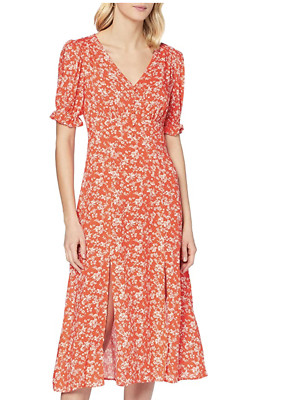 MISS SELFRIDGE Women's Orange Red Floral Midi Dress Casual, UK 18