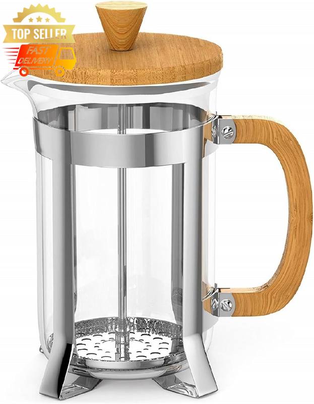 600ml Bamboo French Press Coffee Maker, Brown Plunger, Portable Coffee Pot