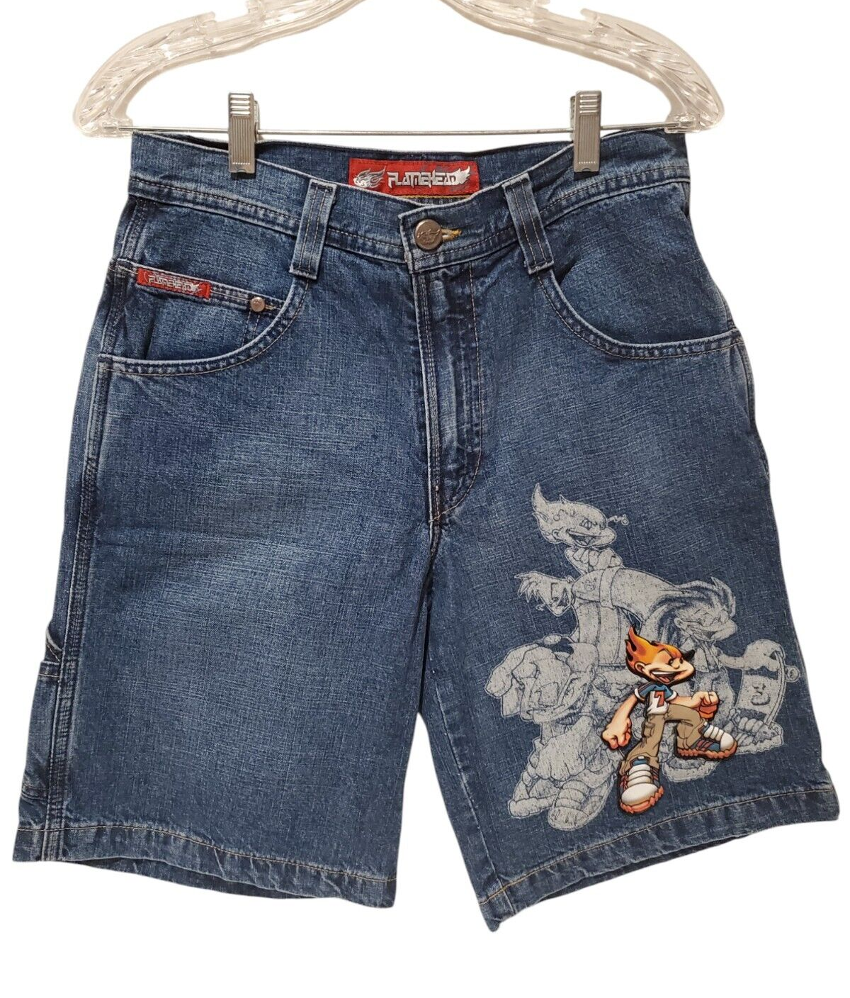 Vintage JNCO Flamehead Graphic Jean Shorts Youth Size 14
