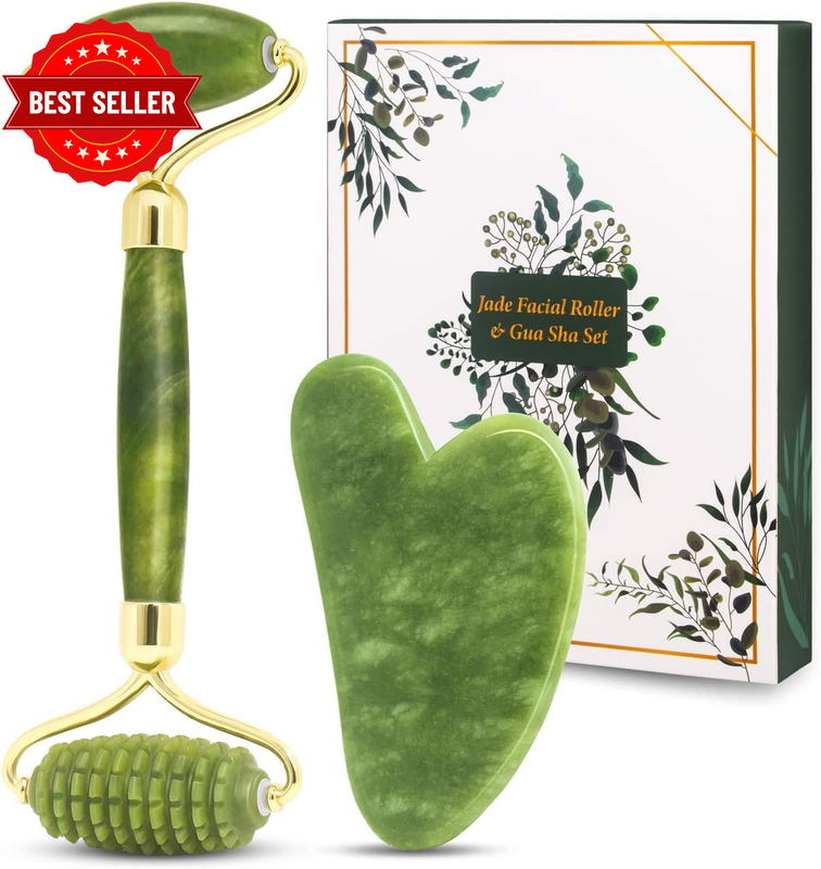 Gua Sha & Jade Roller Gift Set, Natural Green Face Roller and Gua Sha Stone Set,