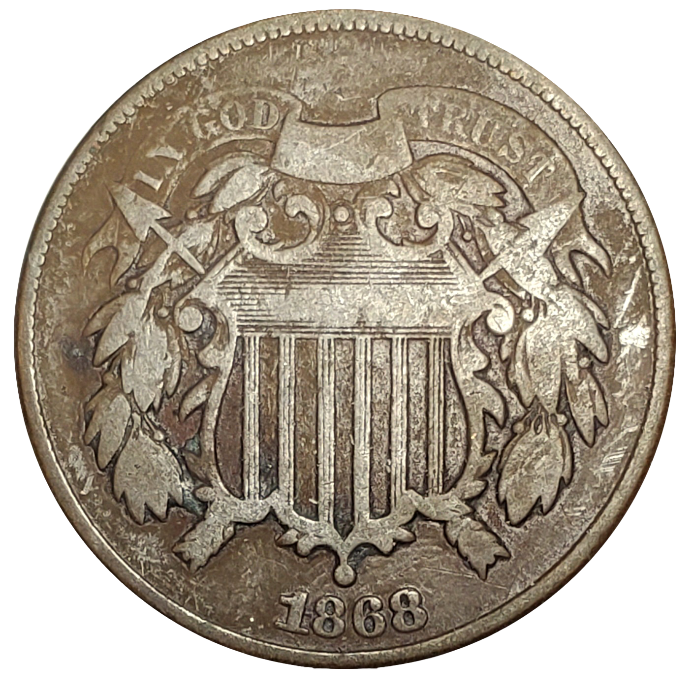 1868 Shield 2c Two Cent Piece Coin, Fine (F) Condition, Free Domestic Shipping