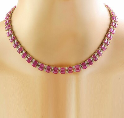 12Ct Oval Pink Sapphire Lab Created Diamond Tennis Necklace 14K Yellow Gold FN