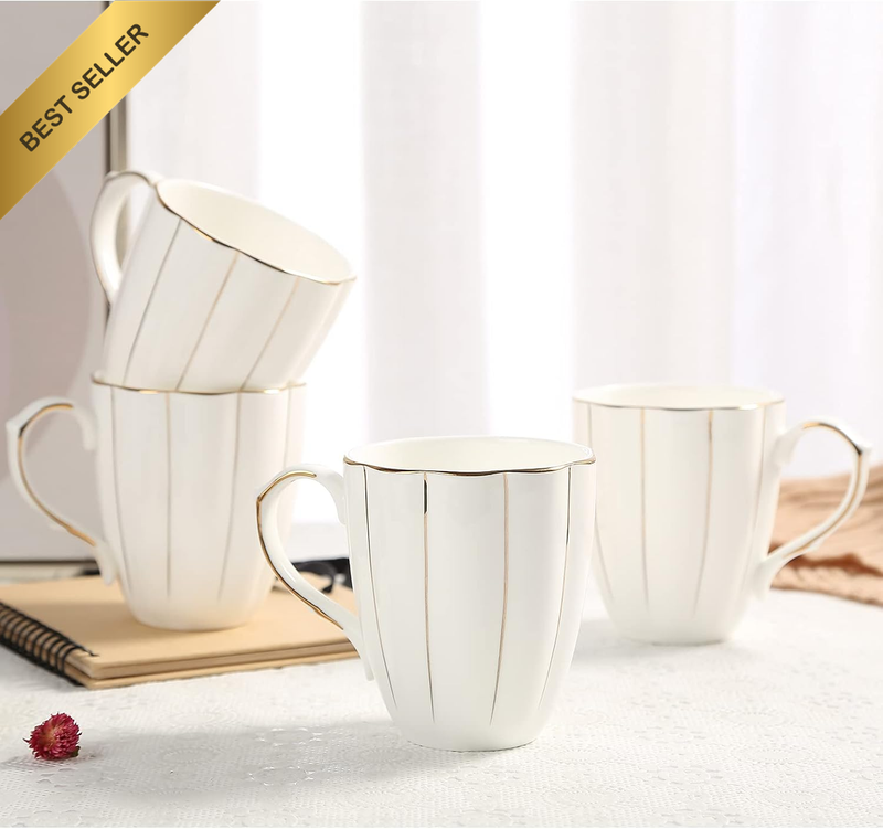 Coffee Mug Set of 4, 13.5oz Bone China Cups with Golden Trims, Luxury British De