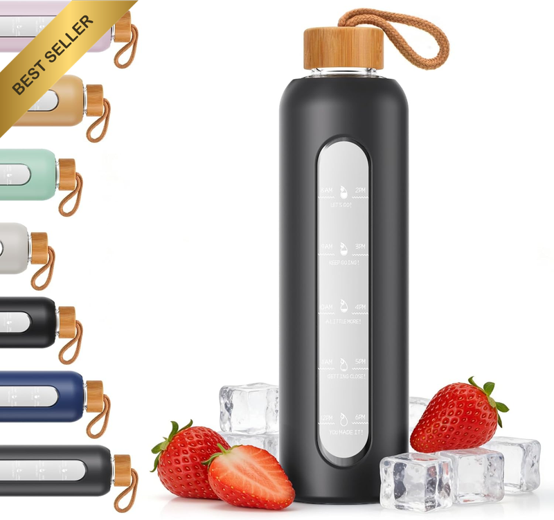 32 Oz / 1L Glass Water Bottle with Time Marker, Bpa-Free Reusable Motivational G
