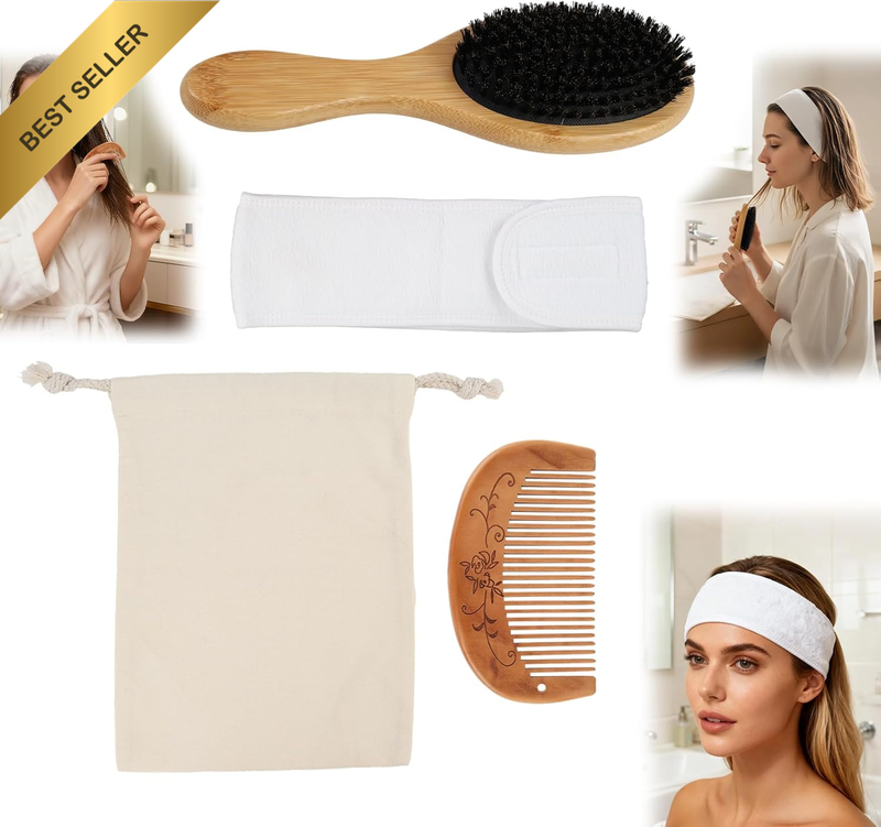 Detangling Boar Bristle Hairbrush Set for Thick, Long and Curly Hair – Restores