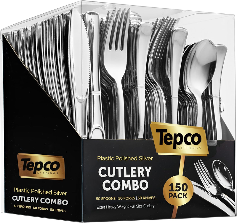 150 Silver Plastic Silverware Set - Disposable Flatware Cutlery - 50 Forks, 50 S