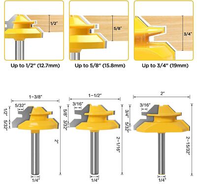 3Pcs 45 Degree Lock Miter Router Bit Set,1/2'',5/8'',3/4'' Cutting Height,1/4''Shank
