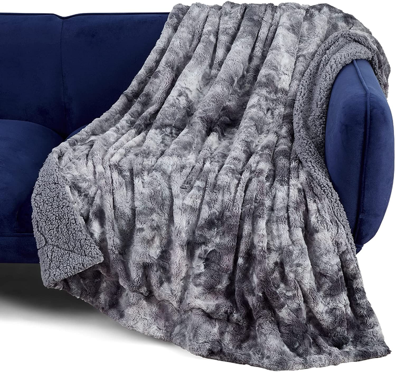 Bedsure Faux Fur Throw Blanket for Couch - Dark Grey Fuzzy Plush Fluffy Soft She