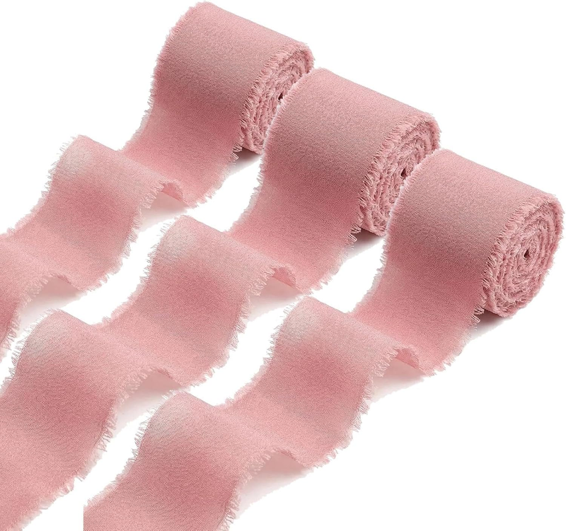 3 Rolls of Pink Chiffon Fabric Ribbons for Gift Wrapping, Holiday Celebrations,