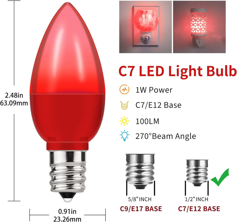 C7 LED Red Light Bulb, Christmas Light Bulbs E12 Candelabra Base, Mini LED Bulbs