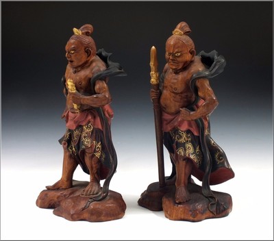 Superb Pair Signed Antique Japanese Nio Carved Wood Statues Agyo & Ungyo