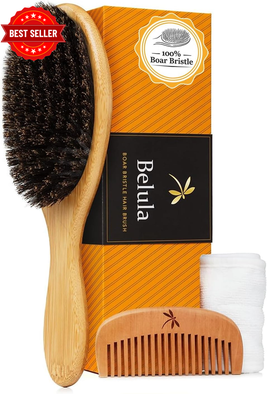 100% Boar Bristle Hair Brush Set, Medium, for Thin and Fine Hair | Soft Bristles