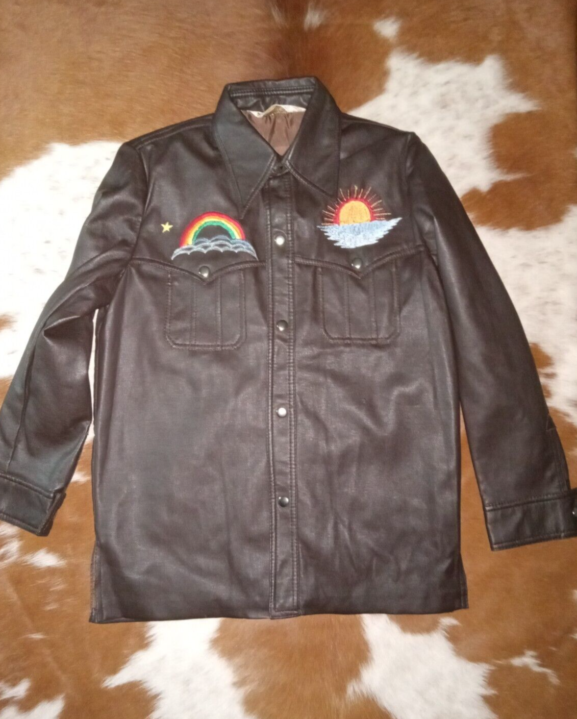 Vintage 1970s Embroidered PVC Faux Leather Jacket SZ 18