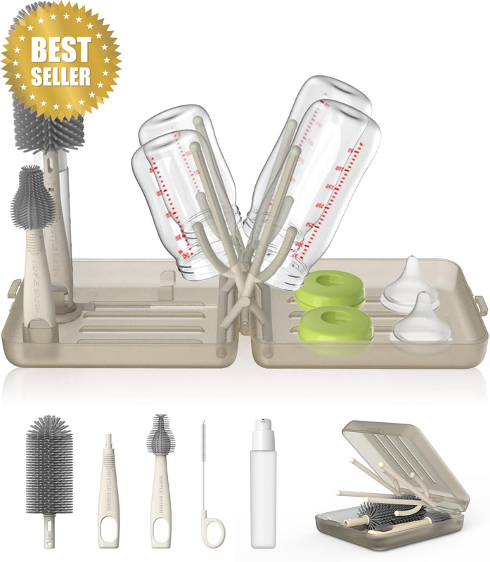 Travel Bottle Brush Set, Auto-Open Rack & Vertical Brushs Drying Slots, 3 Brushe
