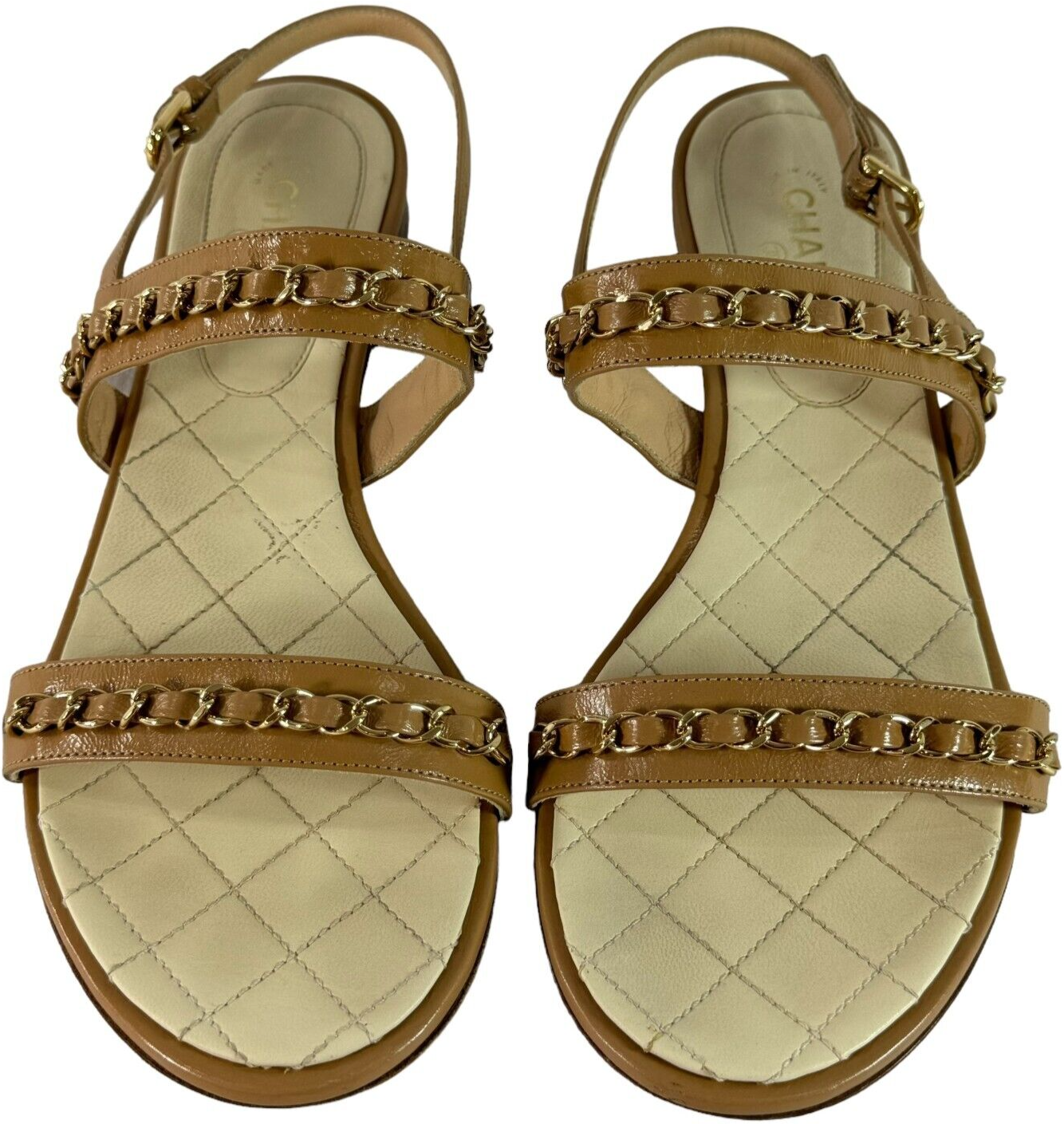 まるまる　CHANEL CHANEL Quilted Tan Leather & Gold Chain Strappy Sandals