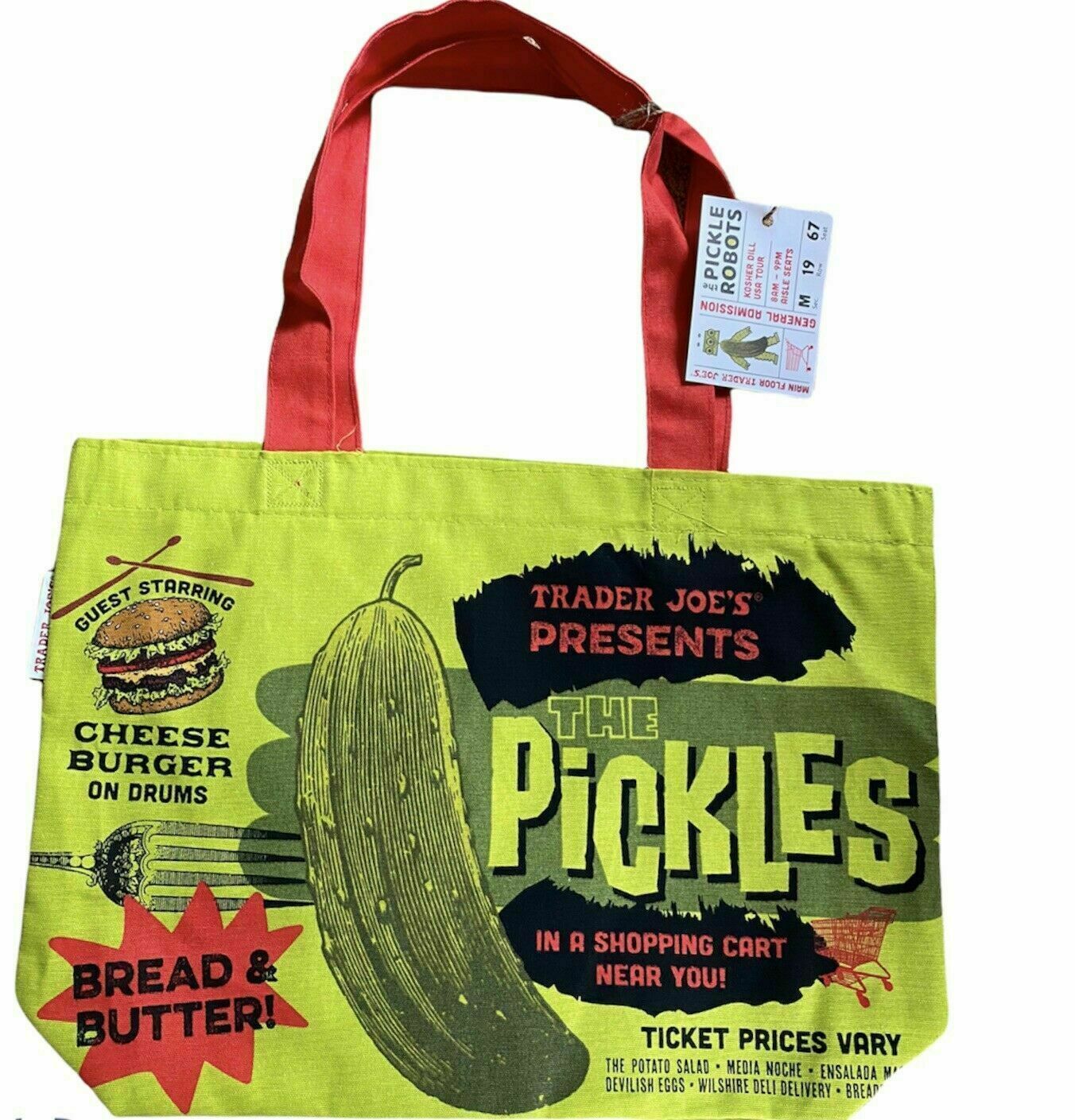 Trader Joe's Reusable Canvas Shopping Bag Pickles Print Groc