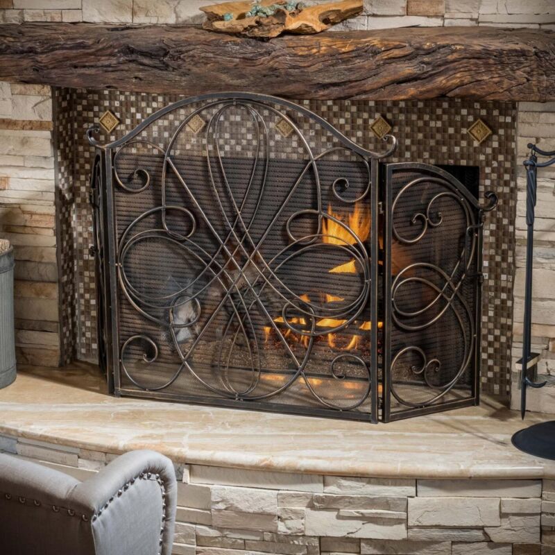 Bronze Fireplace Screen Vintage Antique Style Wrought Iron 3 Panel Fire Guard